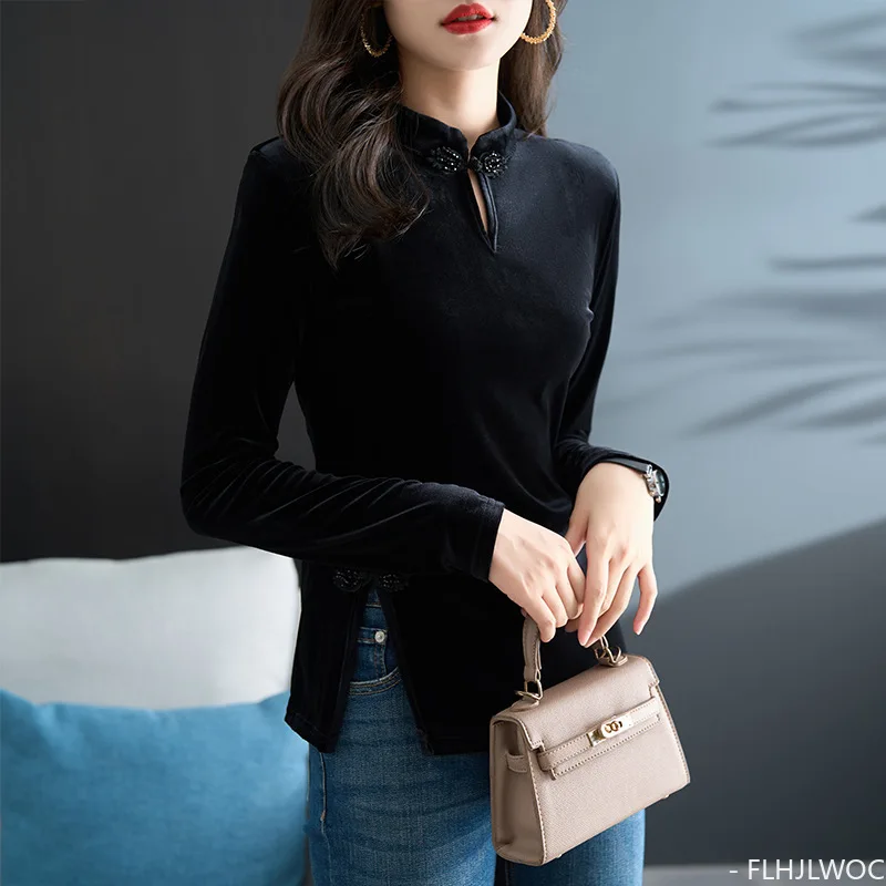 Chinese Style Chi-pao Collar Design Black Velvet Tops New Year 2024 Spring Women Date Girls Button Slit Shirt Blouse Vintage