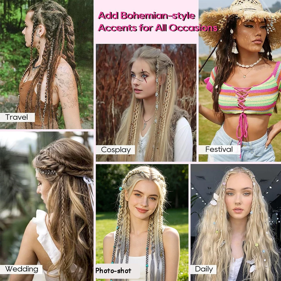 Extensiones de Cabello Bohemias con Clip Hilos de Hadas Hechas a Mano Sintéticas para Niñas Fiesta Halloween Navidad Festival 6