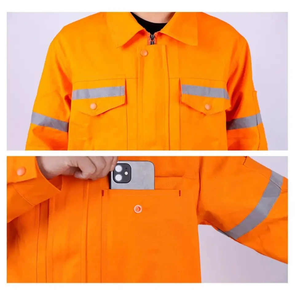 2Pcs/Set Men'S Cotton Work Suit Reflective Strip Long Sleeved Electrician Factory Workshop Uniform Mechanic Repairman Clothes