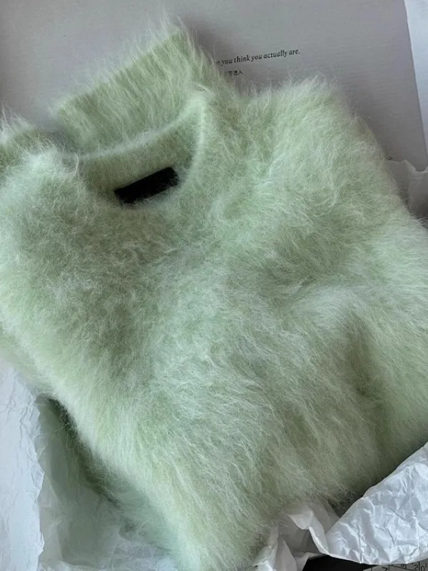 Suéter Feminino de Cashmere Verde Estilo Coreano, Macio e Confortável, Gola Redonda, Tricô Grosso Fufu, Agasalho de Outono In...