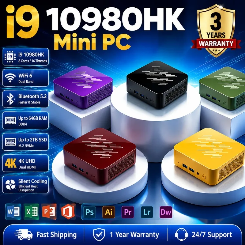 Mini PC Gaming Mini Host Core i9 10980HK 16GB RAM Big Storage SSD WiFi 6 BT5.2 1000M Lan Port Smooth 4K Video Office Equipment