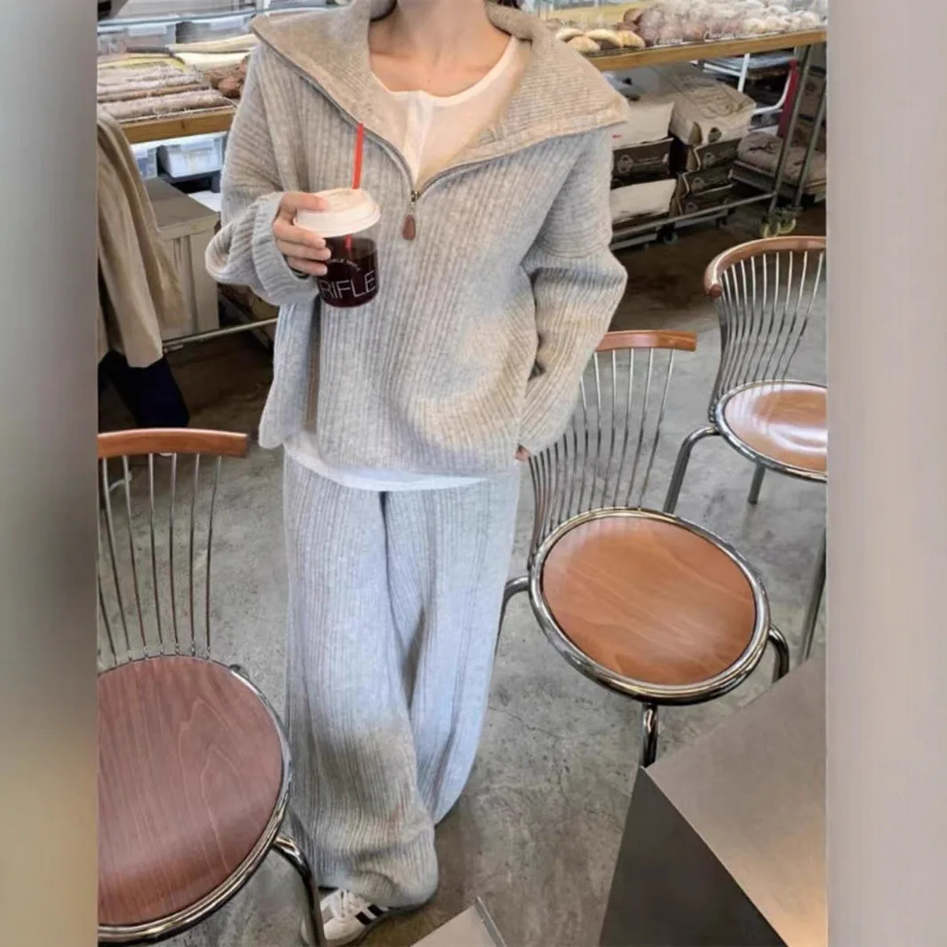 

Knitted Sweater Suit Women's 2025 Autumn/winter New Casual Lazy Style Gentle Style Top Wide-leg Pants Two-piece Set