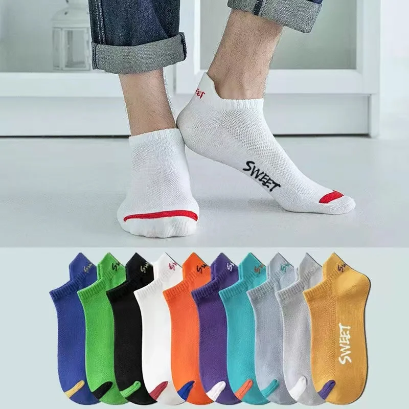 10 Pairs Fashion Mesh Summer Cute Cartoon Eyes Embroidered Sweat Absorbent Breathable Men Low Cut Ankle Knitted Boat Socks