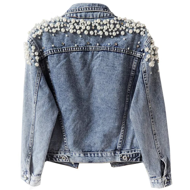 ABBY-Women's Jean Jacket Embroidered Rivet Pearl Short Denim Jacket Coat