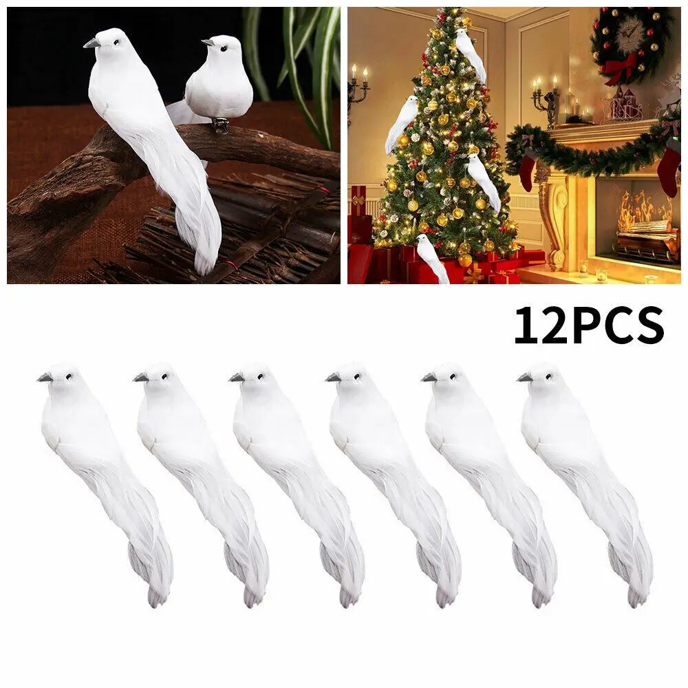 12Pcs Artificial White Feather Birds Dove Christmas Tree Decoration Bird Bauble