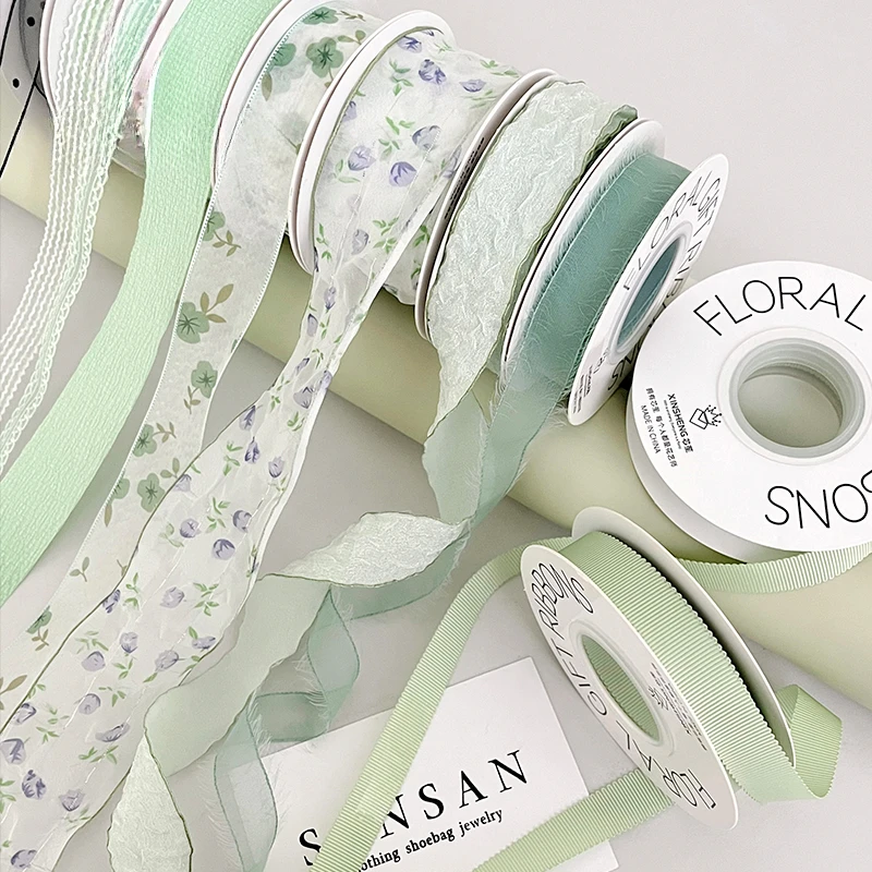 

Ribbon Flower Bouquet with Mint Green Series Handmade Floral DIY Gift Cake Packaging Ribbon Christmas Decorations