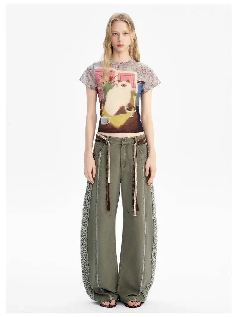 Américain rétro chat imprimé hauts T-shirt femmes mignon T-shirt à manches courtes mince coréen légèrement Transparent maille mince Ins hauts courts