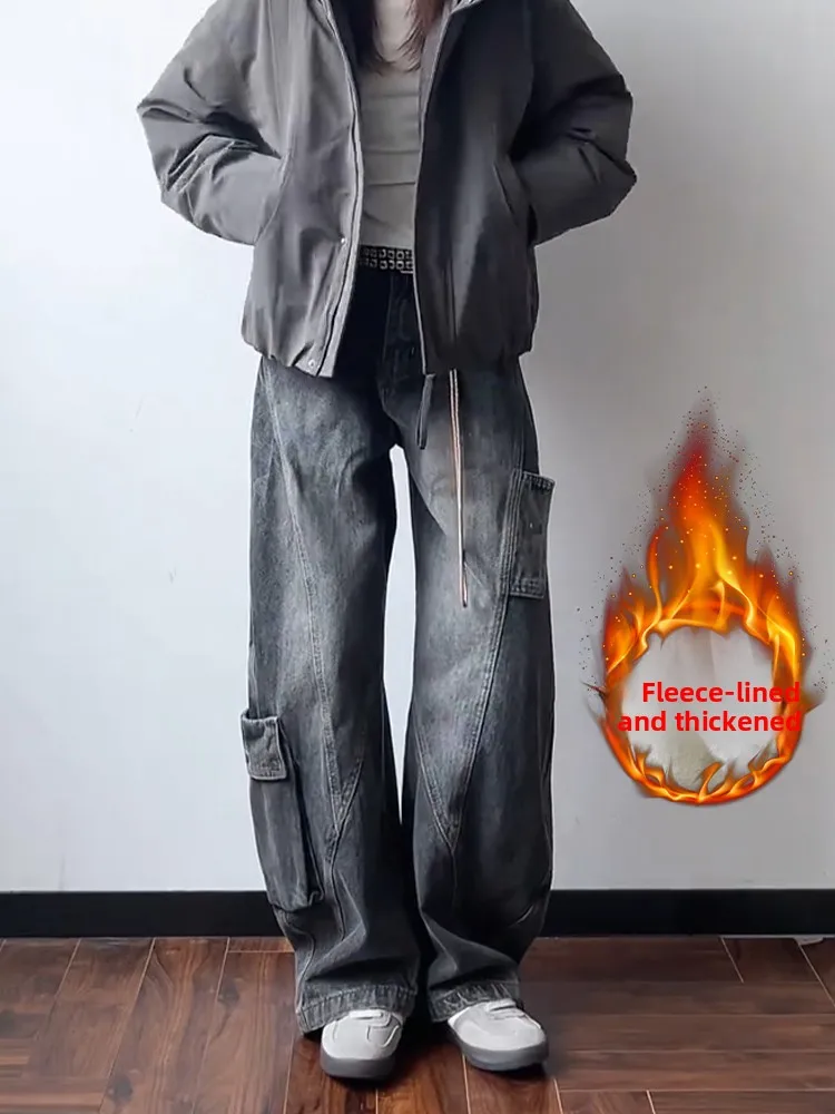 

Мужские джинсы American High Street Knife с широкими штанинами на флисовой подкладке, осенне-зимние, теплые, рабочие брюки, дизайнерская новинка