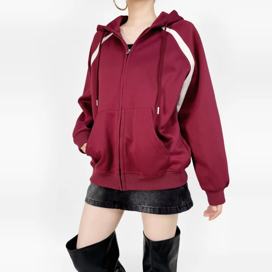 Autumn New Women Outdoor Sport Fleece MIDI Zipper Hoodie Color Contrast Casual Hooded Coats Sporty Loose Tie up Hoodie Clothes