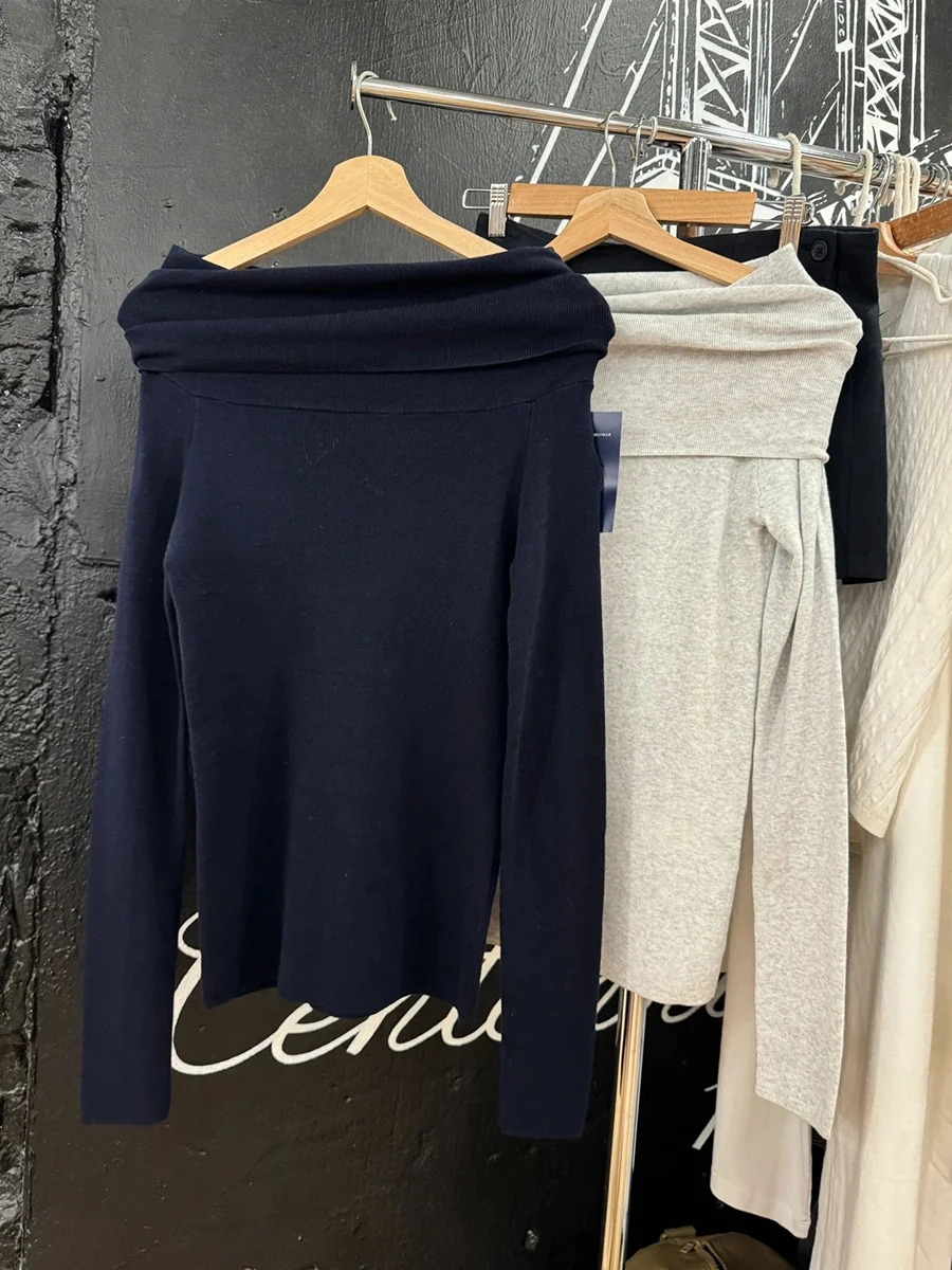New Navy Knit Long Sleeve T-shirts Women Sexy Slash Neck Solid Simple Slim Cotton Tees Vintage Casual Preppy Style T Shirt Y2k