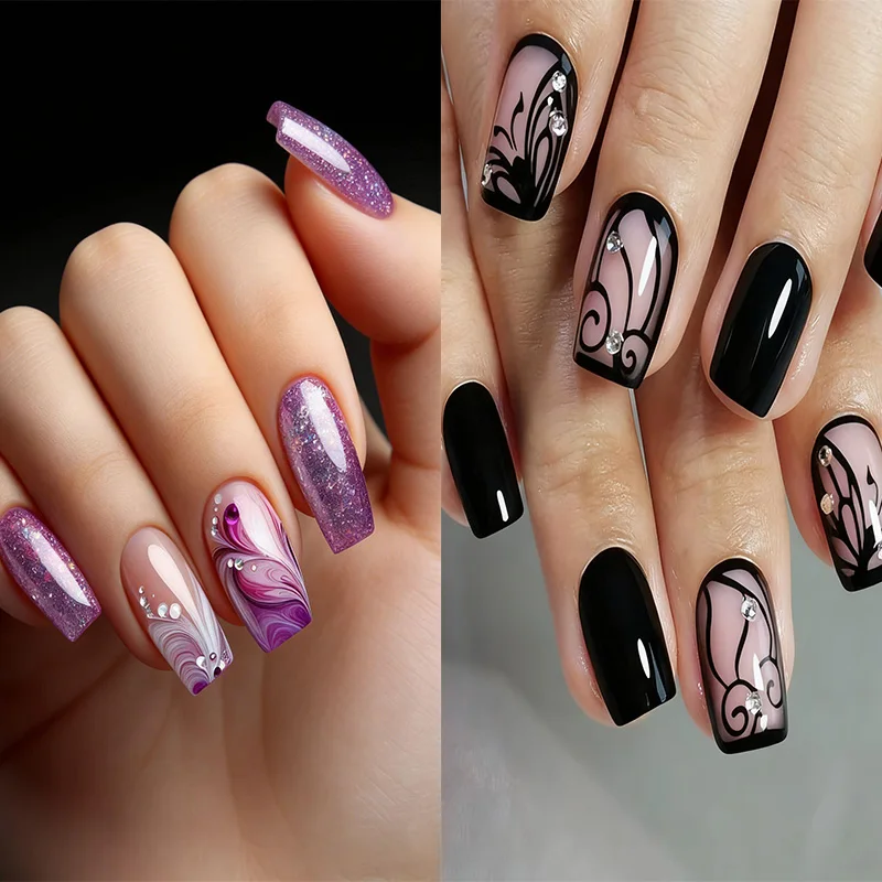 

Набор из 24 накладных ногтей средней длины, фиолетовые, в форме балетки, модные, с полным покрытием, для маникюра, съемные, имитация натуральных ногтей