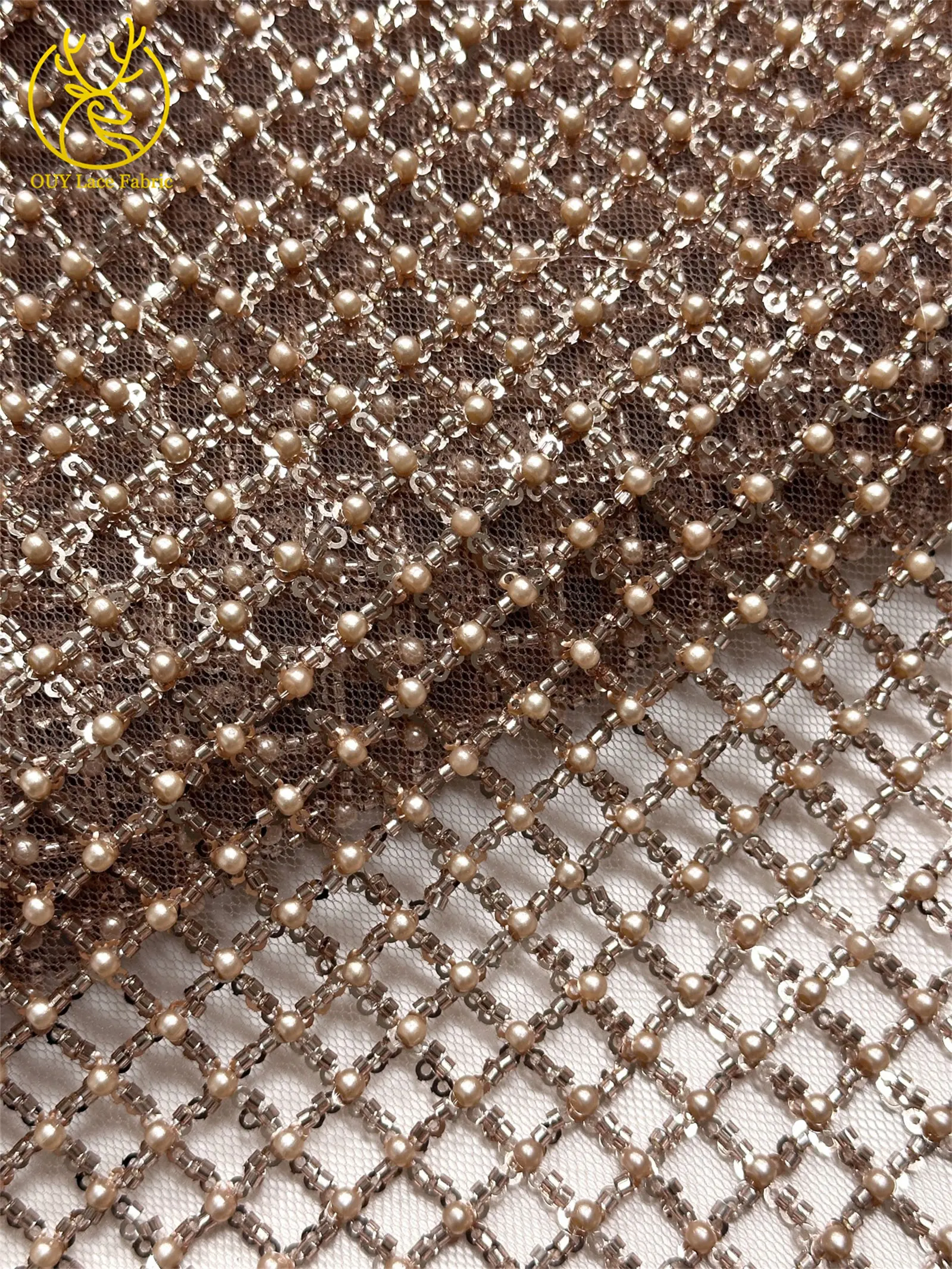 Luxuriöser Partykleid-Spitzenstoff, Tüll-Spitzenstoff mit Perlen, Hochwertiger Pailletten-Netz-Spitzenstoff für Hochzeitskleider, 5 Yards – Detail 23