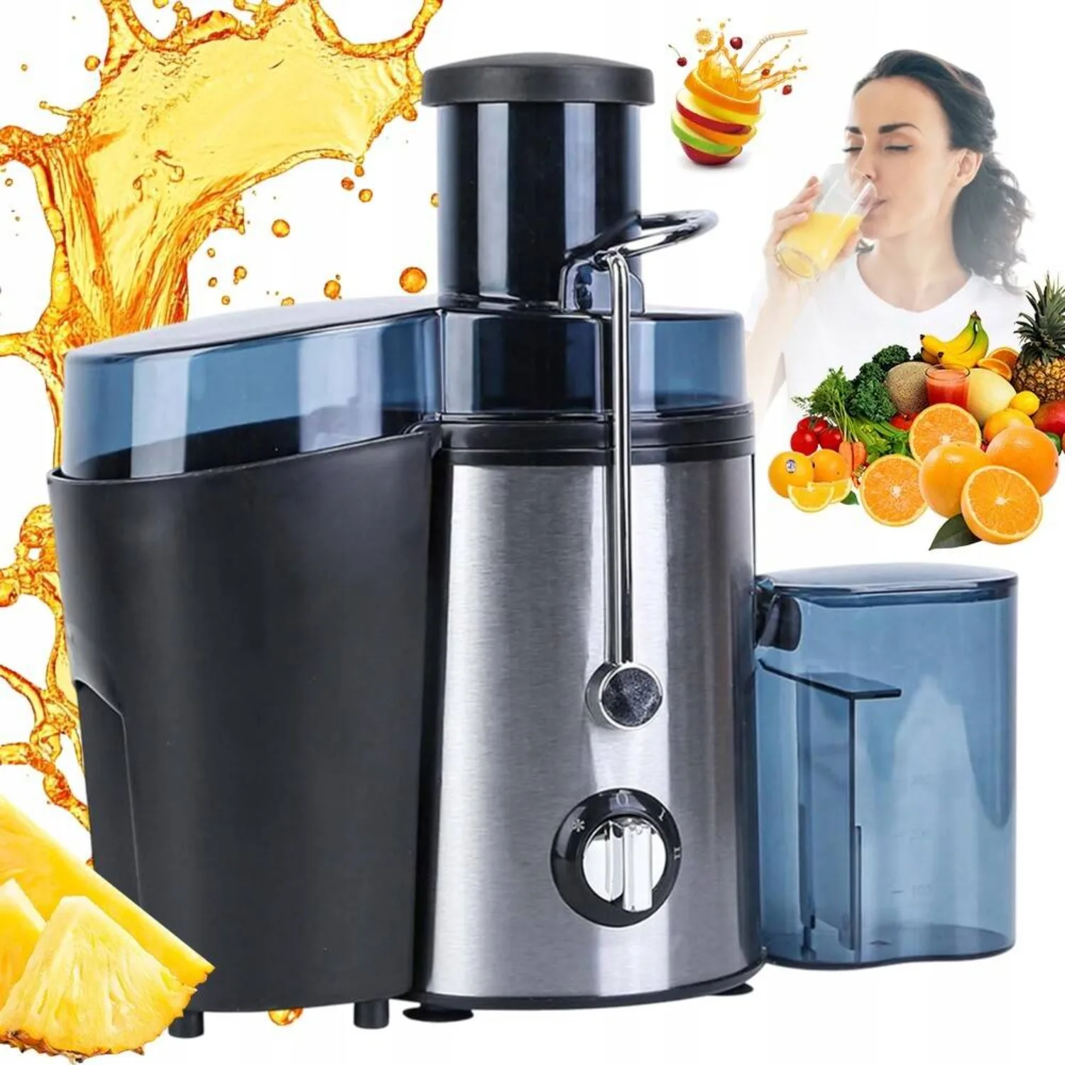 Extracteur de jus électrique 1000W avec large goulotte d'alimentation et 2 vitesses réglables – Moteur puissant pour fruits et légumes entiers |   Dispositif de verrouillage et disque de coupe en acier inoxydable |   Extraction rapide de jus pour une utilisation saine à domicile