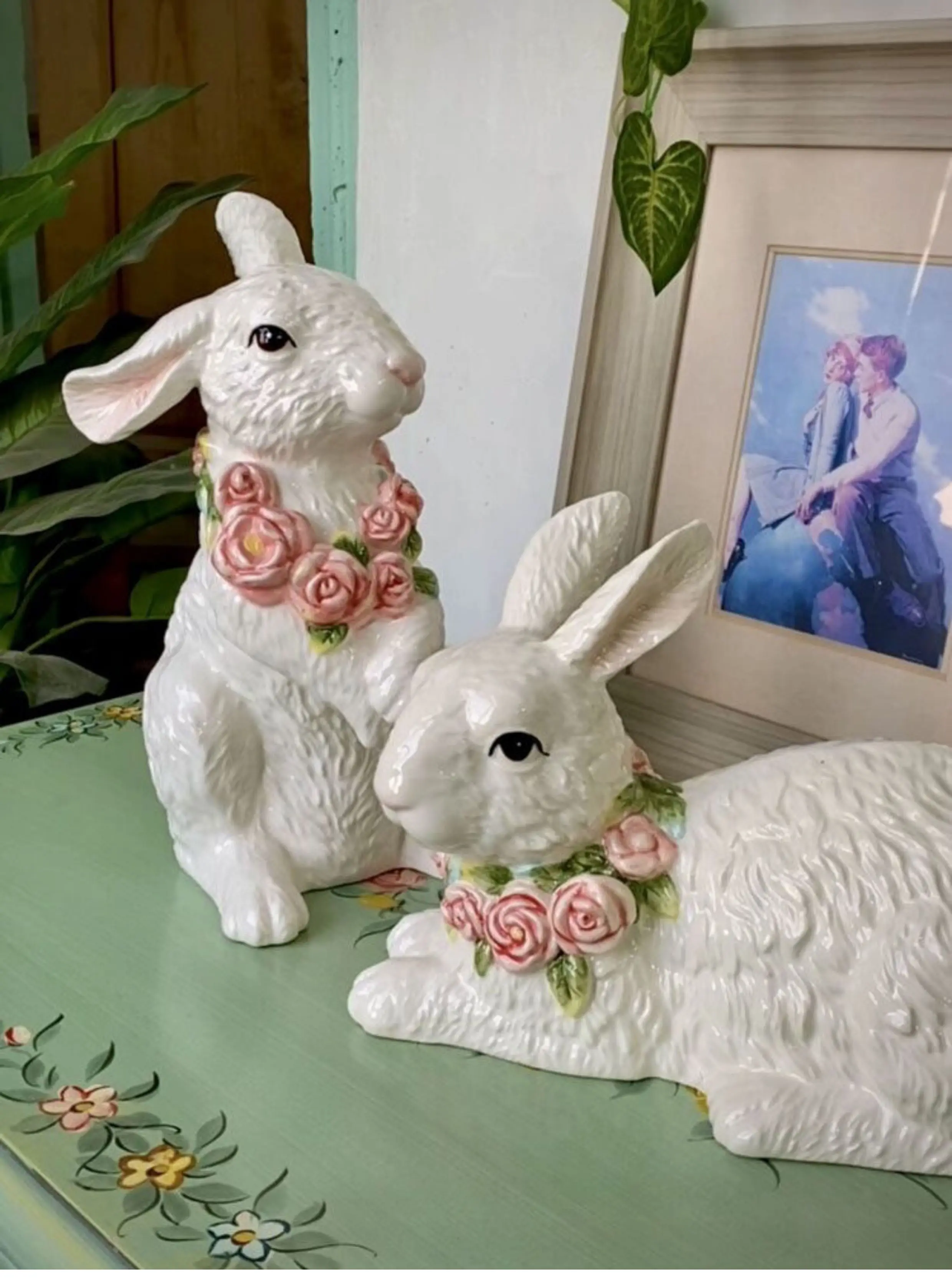 Ceramic rabbits Lovers Figurines Home Decor Garden Ornament Crafts Room Wedding Decoration Gift Porcelain Animal statue