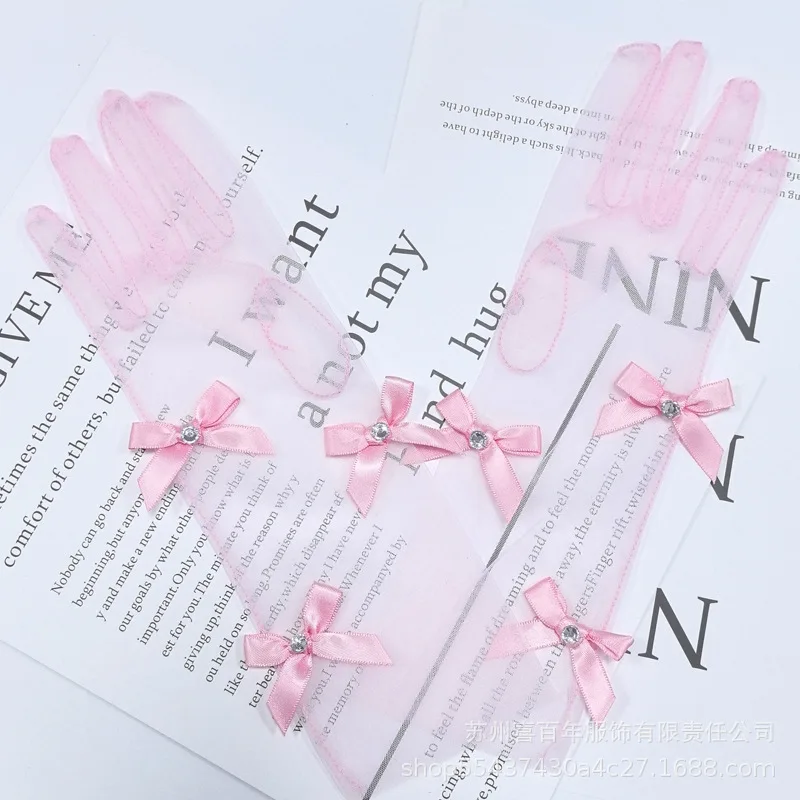 Gloves Kids Wedding White Pink Black Cartoon Student Sweet Ribbon Bow Fabric New Lightweight Soft Child Size Daily Party Gift