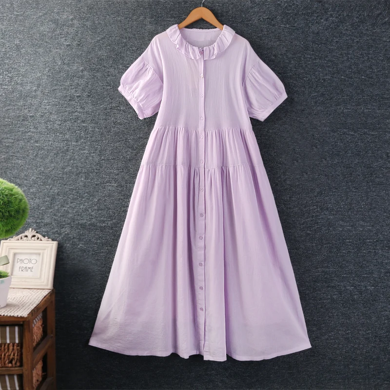 

Summer New Sweet Mori Girl Solid Color Single Breasted Ramie Dress Women Japanese Cute Peter Pan Collar Short Puff Sleeve Dress