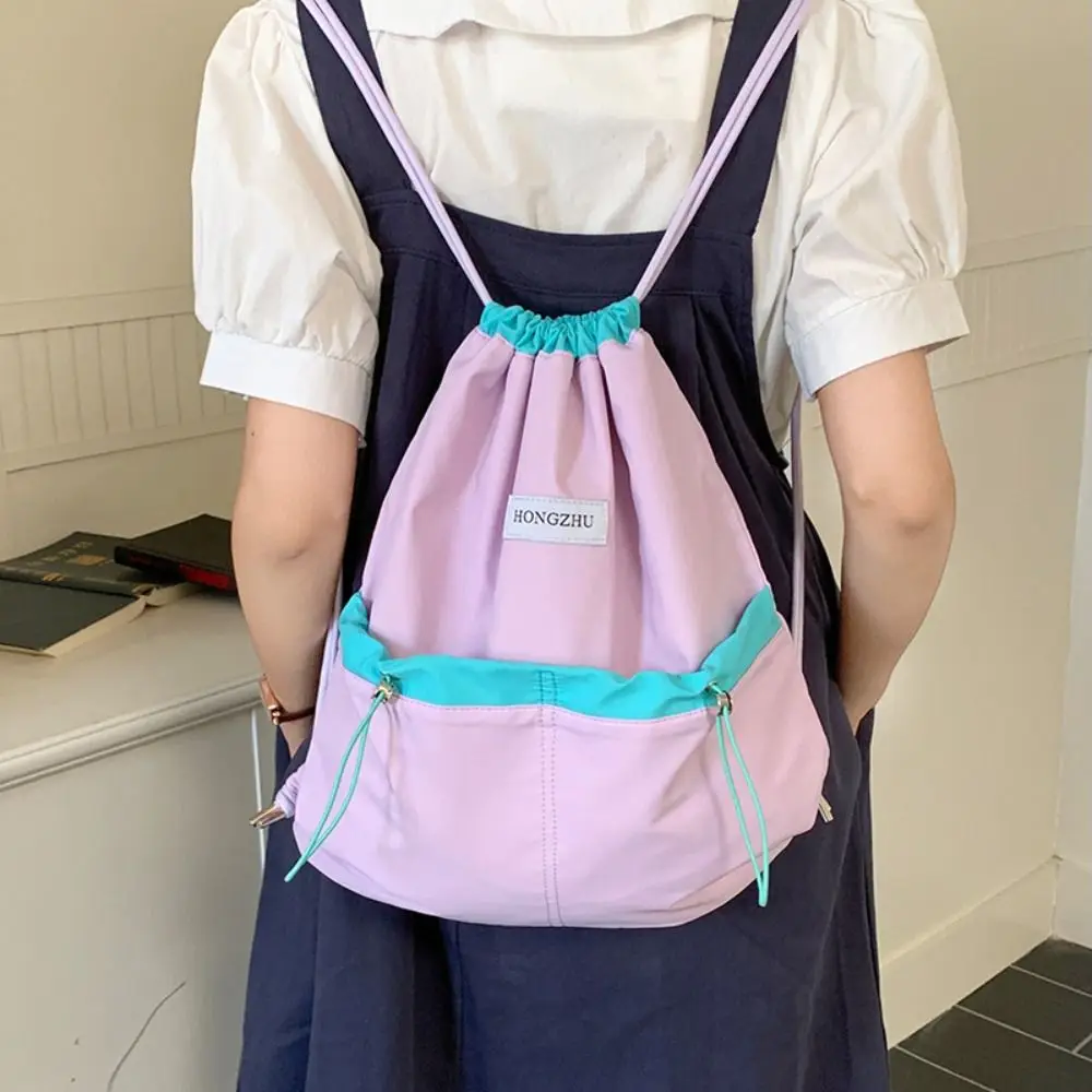 

Korean Style Drawstring Backpacks Contrast Color Niche Design Light Soft Nylon Bag Solid Color Tote Bag Shoulder Bag Women