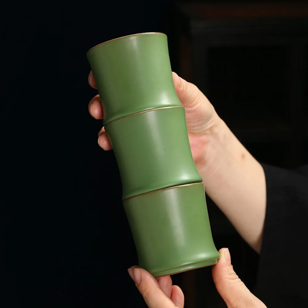 3pcs Master Cup Ceramic Bamboo Joint Tea Cup Simulation Chinese Style Kung Fu Tea Cup Green 90 Ml Teaware Mugs Gift