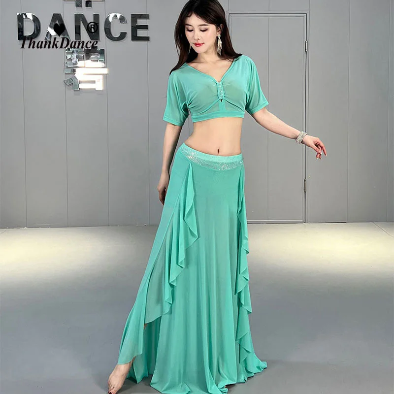 Trajes de Dança do Ventre para Mulheres, saia longa por cima e dividida, roupa de treino profissional sexy para dançar a barriga, top oriental, 2 peças