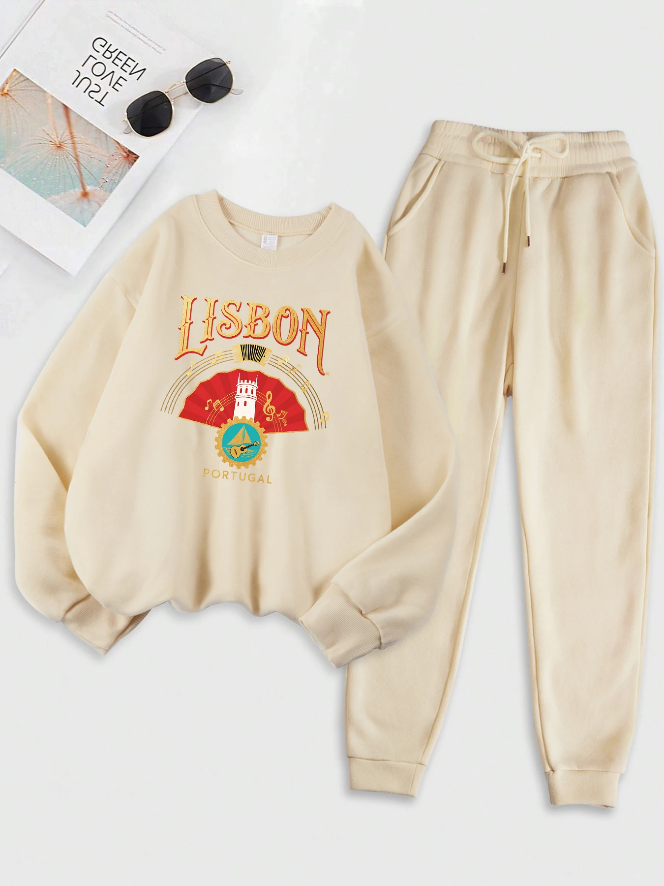 리스본 포르투갈 토레 데 벨렘 프린트 스포츠 슈트 여성용 부드러운 가을 스웨트셔츠 두꺼운 O넥 의류 캐주얼 루즈 스웨트셔츠