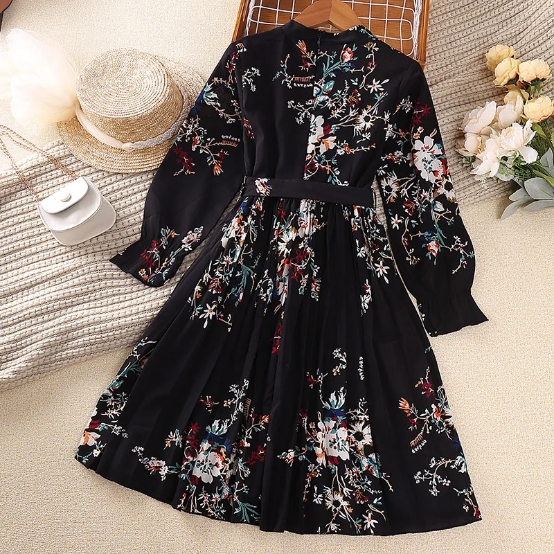 Dress Kids Girls 6-12 Years Long Black Embroidered Dress For Girls Elegant Vacation Holiday Party Dress Graduation Clothes