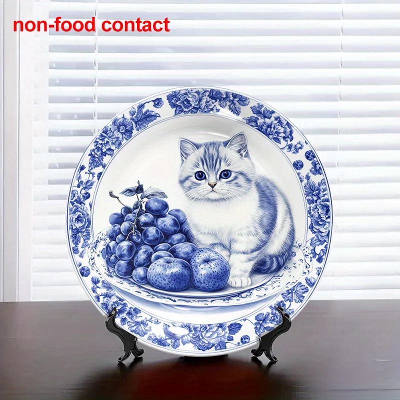 1pc Vintage Blue & White Porcelain Ceramic Hanging Wall Plate - 8-Inch Round Kitten & Fruit Design, Non-Food Contact Decorative