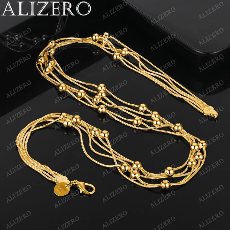

ALIZERO 925 Sterling Silver 18K Gold Plated Five Snake Chain Beads Necklace For Women Fashion Accessories Jewelry Gifts