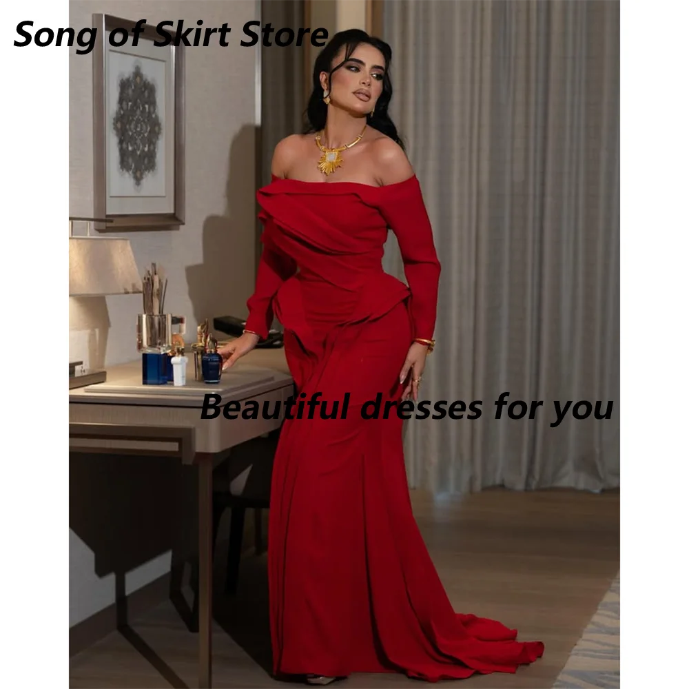 Sexy rotes Abendkleid für Frauen, schulterfrei, lange Ärmel, Abendkleid, bodenlang, Meerjungfrau, formelle Partykleider, individuell gestaltet