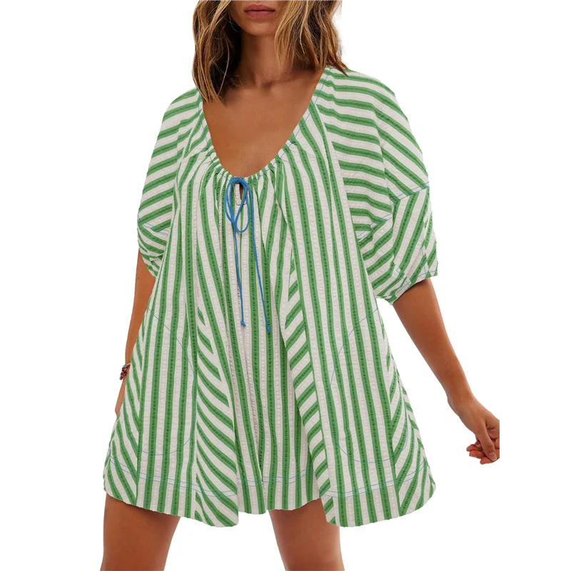 Abito da donna con pagliaccetto a righe oversize, pantaloncini, tuta, abiti da vacanza al mare con tasche-A55G