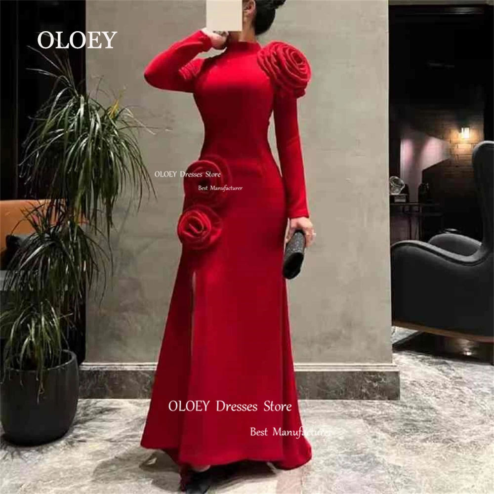 

OLOEY Elegant Custom Made High Neck Straight Red Arabic Evening Dress For Women Wedding Party Ankle Length Modest 3d Flowers