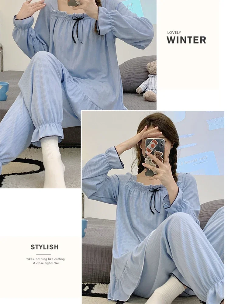 5XL Home Clothes with Chest Pad Women Plus Size Autumn Long Sleeve Two Piece Pijama Cotton Solid Soft Elegance Loose Outfits