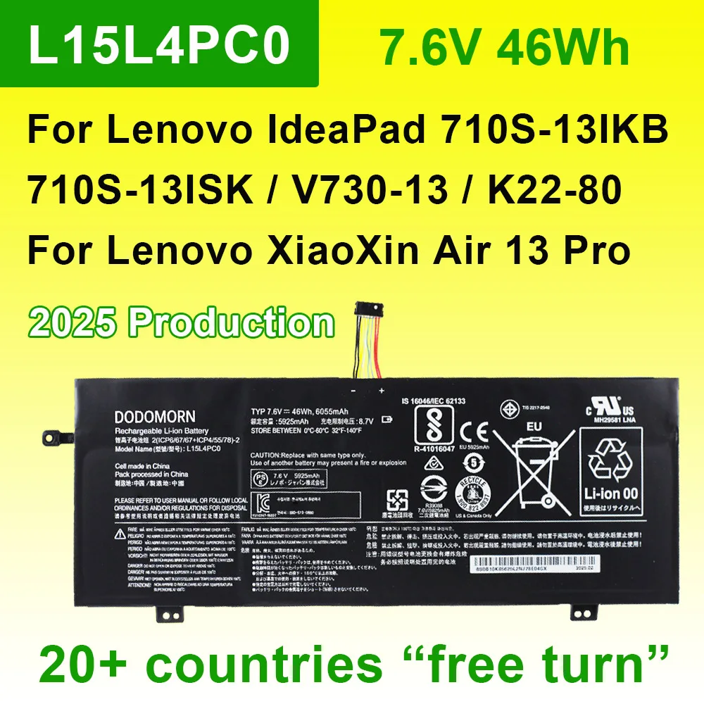 

Replacement Laptop Battery L15L4PC0 For Lenovo IdeaPad 710S-13IKB 710S-13ISK Xiaoxin Air 13 K22-80 L15M4PC0 L15S4PC0 7.6V 46Wh