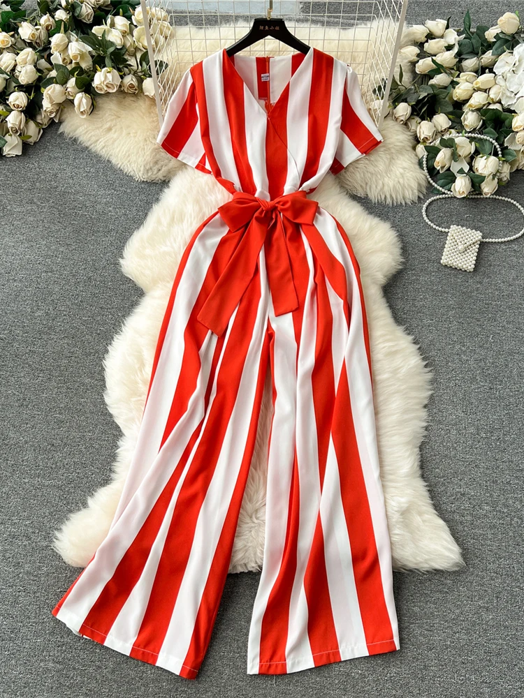 

Summer Vintage Women Red/Green/Black Striped Romper Female Elegant V-Neck Short Sleeve High Waist Wide Leg Jumpsuit New Fashion