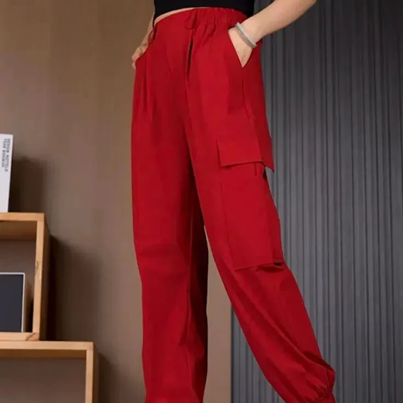 Modna odzież damska w stylu vintage Jednokolorowe elastyczne kieszenie Wiosenne jesienne spodnie Bloomers Cargo Przycięte spodnie z wysokim stanem