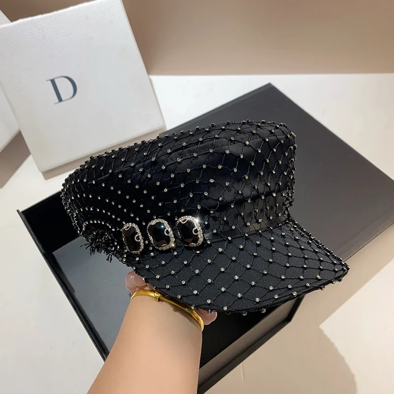 

New Spring Autumn Mesh Diamonds Beret Hat Handmade Rhinestone Navy Hat Women's French Painter Hats Versatile Female Berets Caps