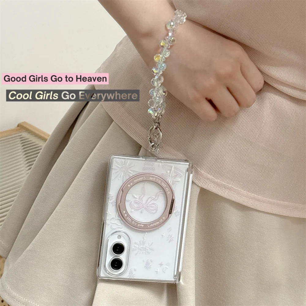 Light Pink Bow Moon Star Print Phone Case For Samsung Galaxy Z Fold 8 360°Rotating Ring Holder Hard Cover With Bead Wrist Chain