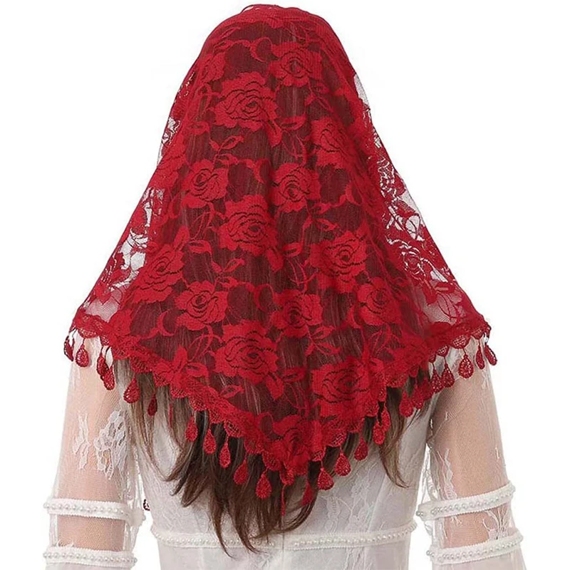 1 pz quattro stagioni Jacquard rosa pizzo triangolo sciarpa scialli in poliestere per le donne chiesa musulmana preghiera scialli da sposa fascia