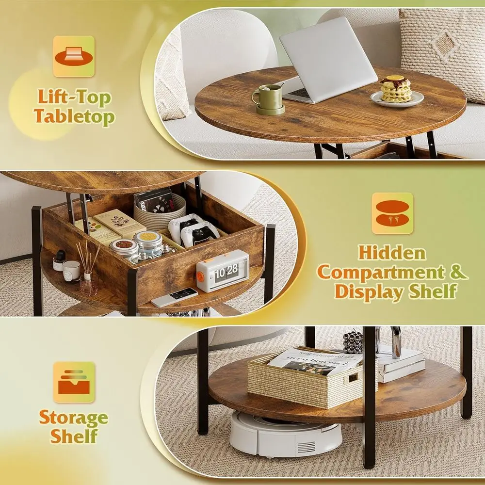 Farmhouse Style Lift Top Coffee Table with Storage and Hidden Drawer, 2-Tier Small Table for Living Space and Home Office, Rusti