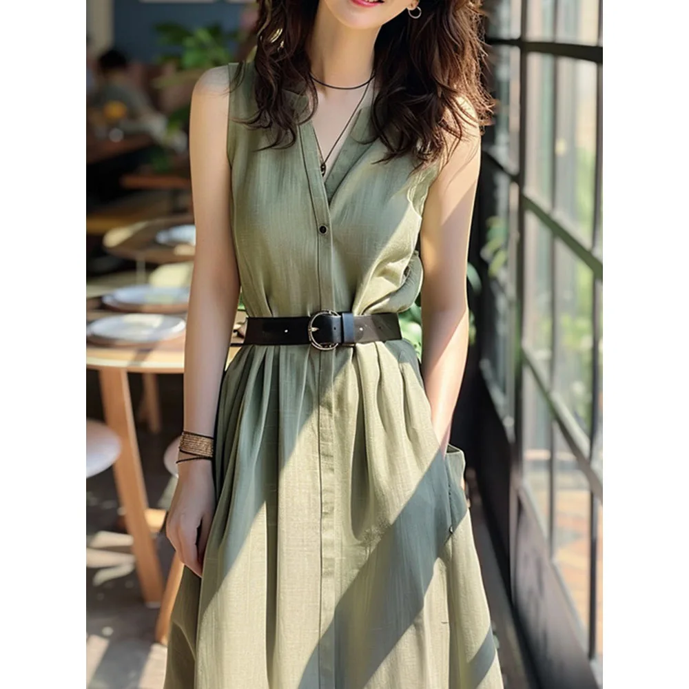レディースミリタリーグリーンドレス 2025 夏新ライト高級ハイエンド A ラインベルトドレス薄型人気のノースリーブサスペンダー Vestidos
