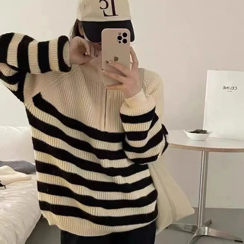 Korean striped half zipper long sleeved knitted sweater autumn and winter loose lazy style top pullover retro sweater for women