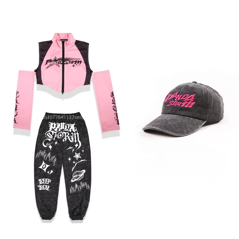Danse de rue pour garçons et filles, danse jazz, défilé de mode, support de batterie, T-shirt, vêtements tendance, ensemble de costume de performance rose et noir