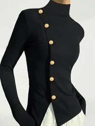 Modigirl Gold Button Pullover Black Top for Women 2024 Fall Spring High Neck Long Sleeve Slim Skinny T-Shirts Fit Office Casual