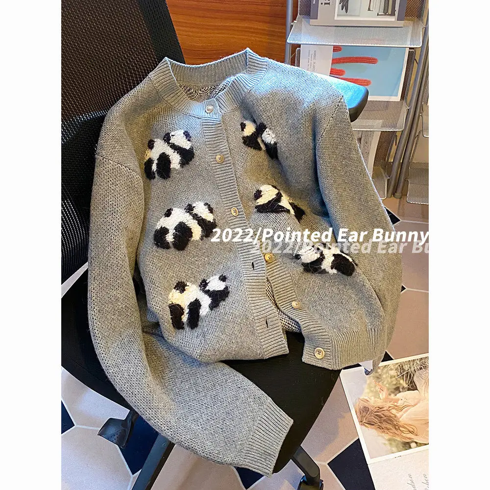 

Preppy Style Long Sleeve O-neck Panda Cartoon Sweet Cardigan Tops Pull Femme Knitted Sweater Coat Women's Clothing Sueter Mujer