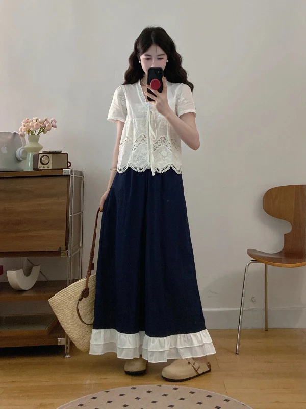 Large Size Women's Fashion Set Summer 2026 Hollow out Hook Flower Top Half Skirt Two Piece Set Commute Style V Neck Short Sleeve