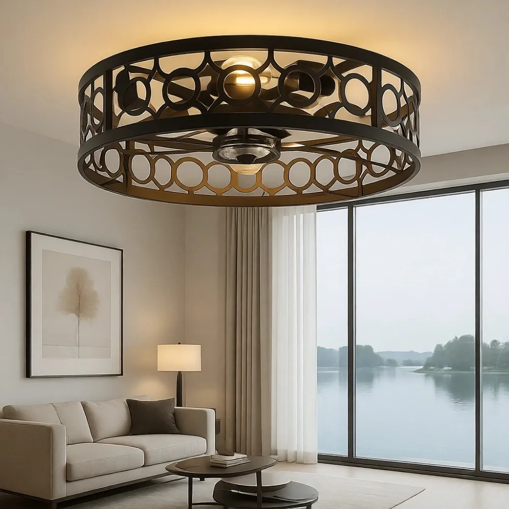 

20-дюймовый низкопрофильный потолочный вентилятор в металлическом корпусе с пультом ДУ, 6 скоростей, в стиле фермерского дома, для спальни, кухни, гостиной