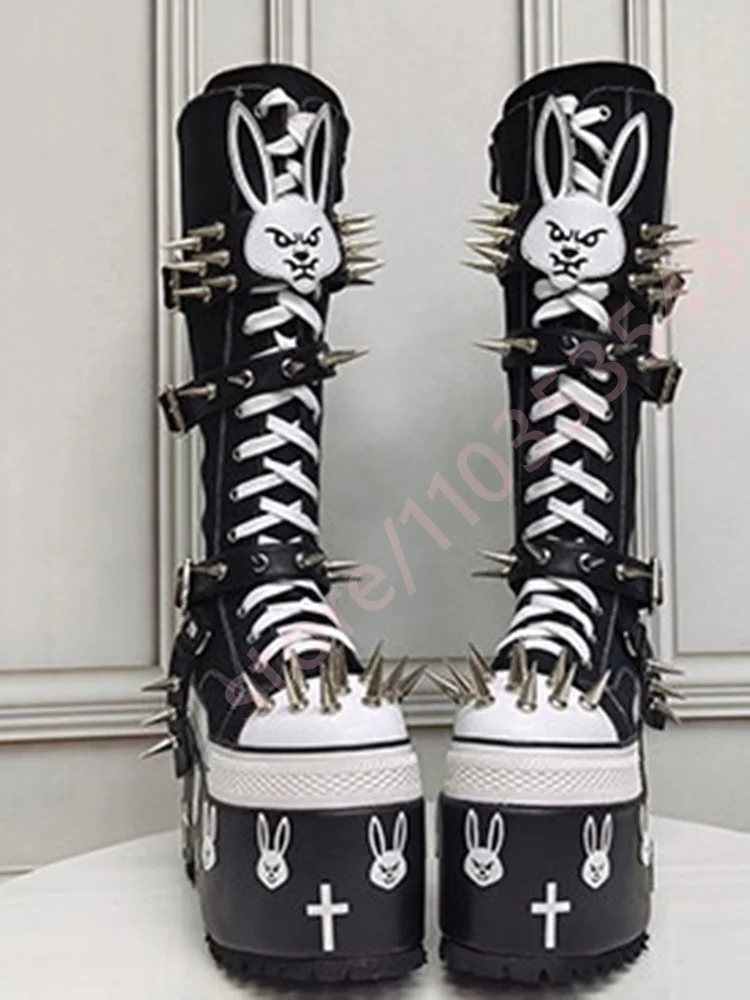 Thick Sole Rabbit Studded Canvas Boots 2026 New Belt Buckle Round Rock Y2K Motorcycle Boots Fashion Party Casual Gothic Stage Bo view 5