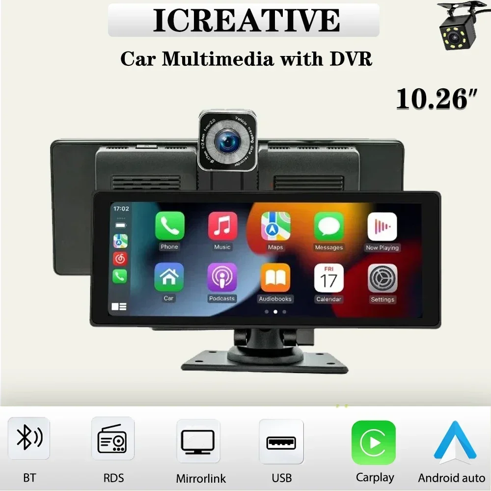 

10.26‘’ Car Monitor with Driving Recorder Car Radio CarPlay Android-Auto Multimedia Video Player FM Transmitter AUX Input USB TF