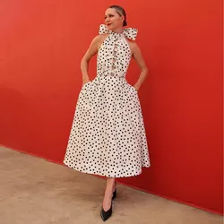 Fashion Polka-dot 2025 Women Evening Dresses with Bows Sleeveless A Line Black Spots Prom Party Dresses with Pockets Custom Made