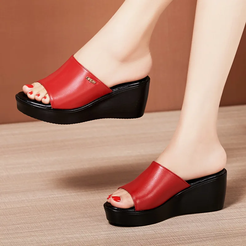 High quality summer leather wedge sandals for women 6cm mid heel new 2024 size 32 33 43 platform open toe elegant shoe black red