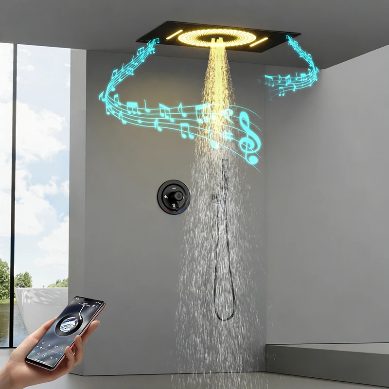 

Душевая система 600*400 мм с LED-подсветкой и музыкой, 3 функции, верхний душ, скрытый смеситель для горячей и холодной воды, матовое золото, душевой комплект
